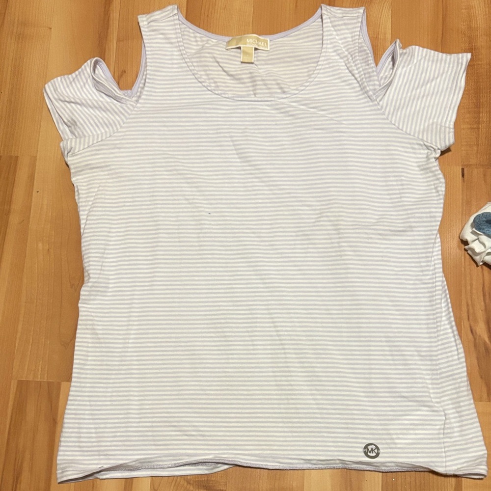 Michael Kors Light Blue Striped Cold Shoulder Tee